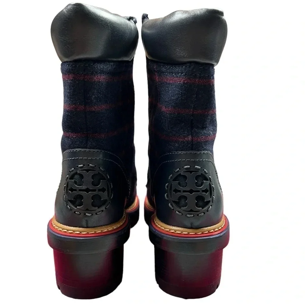 Tory Burch Womens Boots Miller 60MM Checked Wool Calf Leather Navy Size 8
